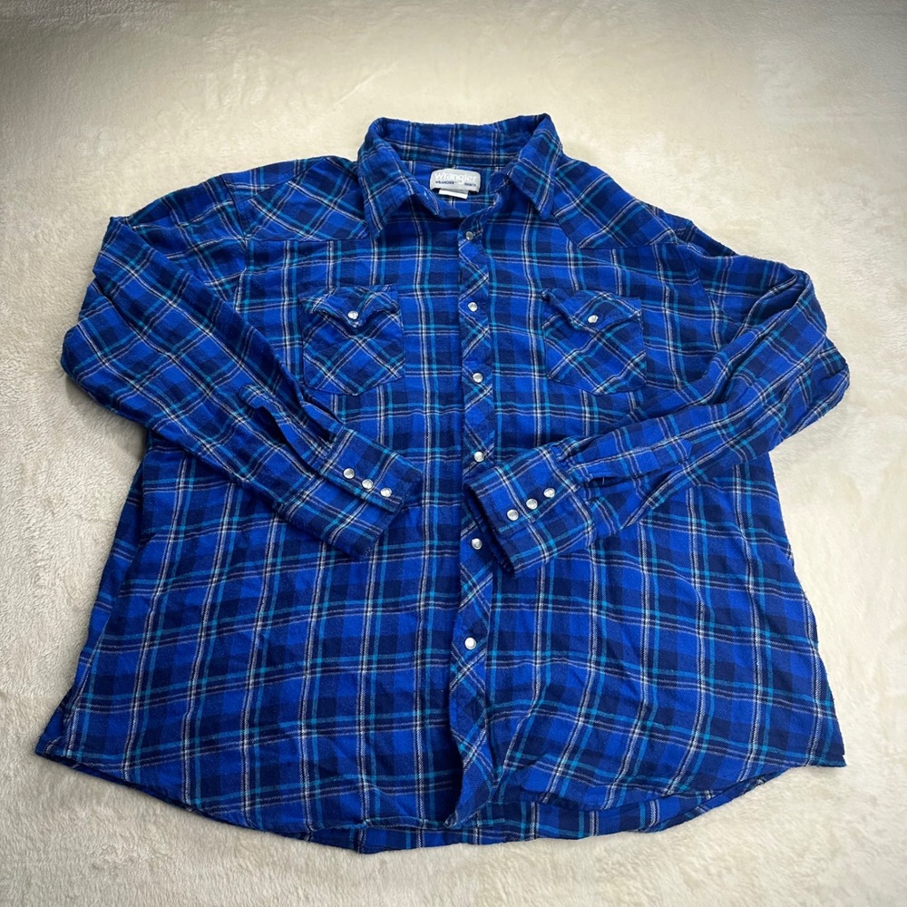 Wrangler Wrancher Men 2XL Blue Plaid Western Flannel Pearl Snap Shirt MTSC46B